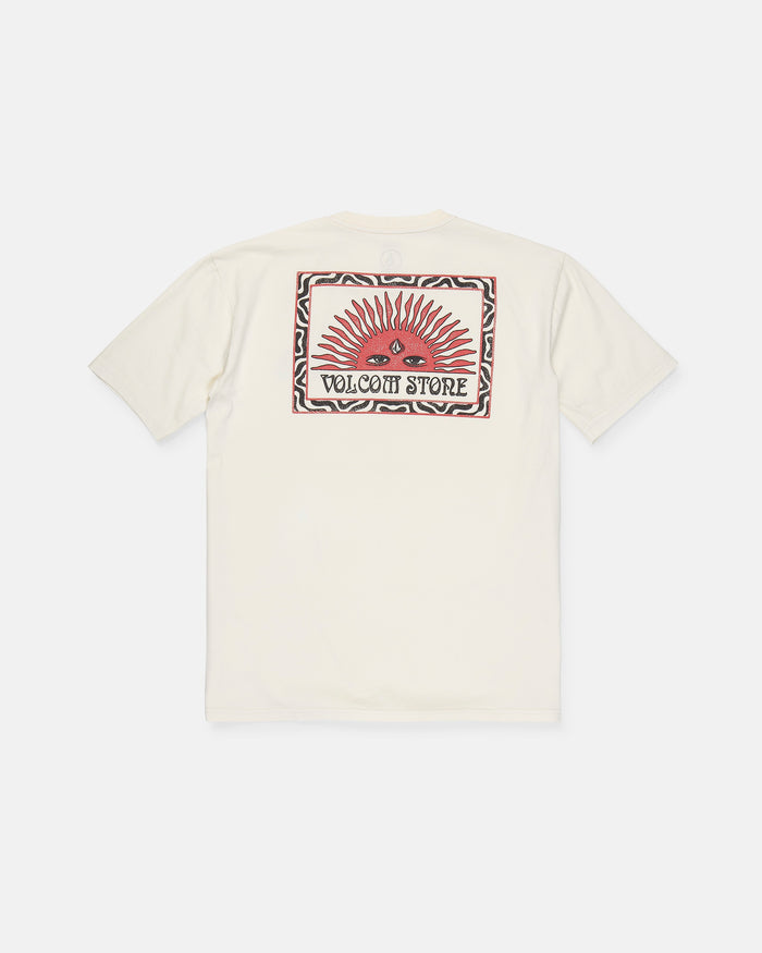 Back view of the Men's Helios Short Sleeve Tee by Volcom, crafted from soft 190g cotton for all-day comfort and featuring a rectangular graphic with a red sunburst, an eye, and VOLCOM STORE text, all framed by a decorative border.