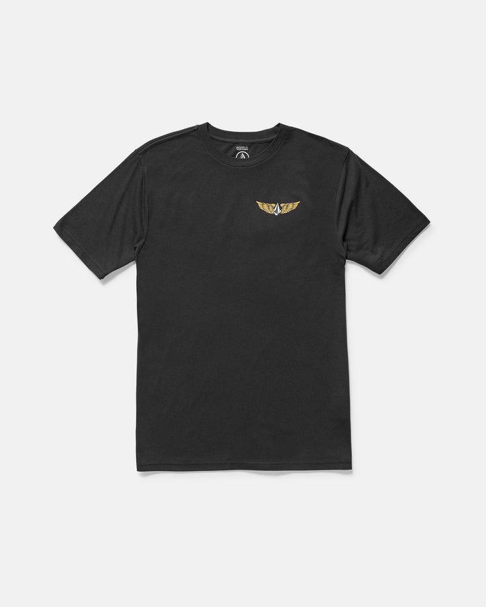 The Volcom Men's Hi Flyer Short Sleeve Tee is a black t-shirt crafted from soft ring spun cotton, featuring a small colorful winged emblem on the left chest, shown flat on a white background.