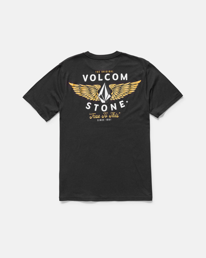The Volcom Men's Hi Flyer Short Sleeve Tee features a bold back graphic with golden wings, a white geometric design, and "The Original Volcom Stone, True To This, Since 1991" on soft ring spun cotton for comfort.