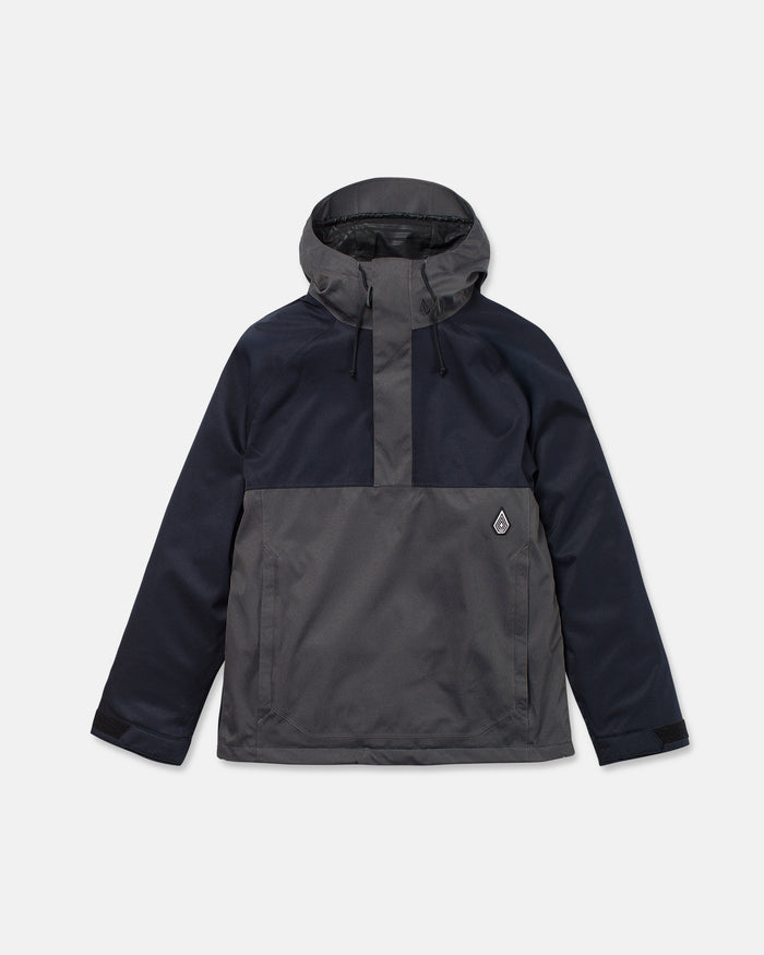 Introducing the Volcom Men’s Hossegor 20K Pullover—this two-tone hooded jacket features dark gray across the top and sleeves, with light gray on the lower body. It offers a front pocket adorned with the Volcom logo, an adjustable hood, Velcro cuffs, and is constructed from a recycled V-Science shell finished with PFAS-free DWR. Shown on a plain white background.