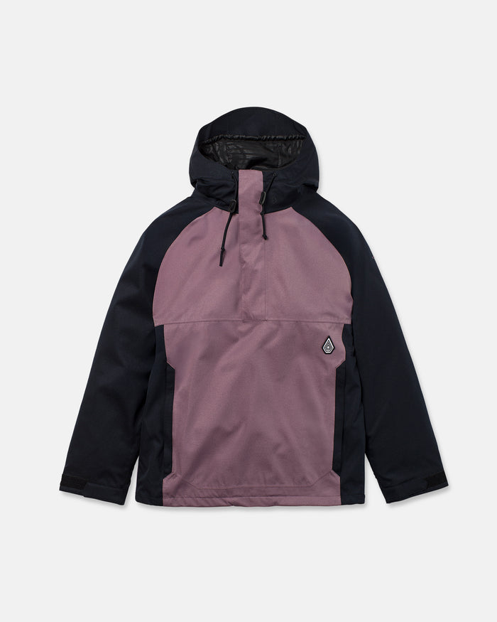 Introducing the Volcom Men’s Hossegor 20K Pullover—a hooded jacket featuring black sleeves and hood, complemented by a mauve front and back. Expertly crafted from a recycled V-Science shell with PFAS-free DWR for eco-friendly water resistance, it includes black side panels, a convenient front pocket, and is finished with a small diamond-shaped logo on the left chest. Displayed against a plain white background.