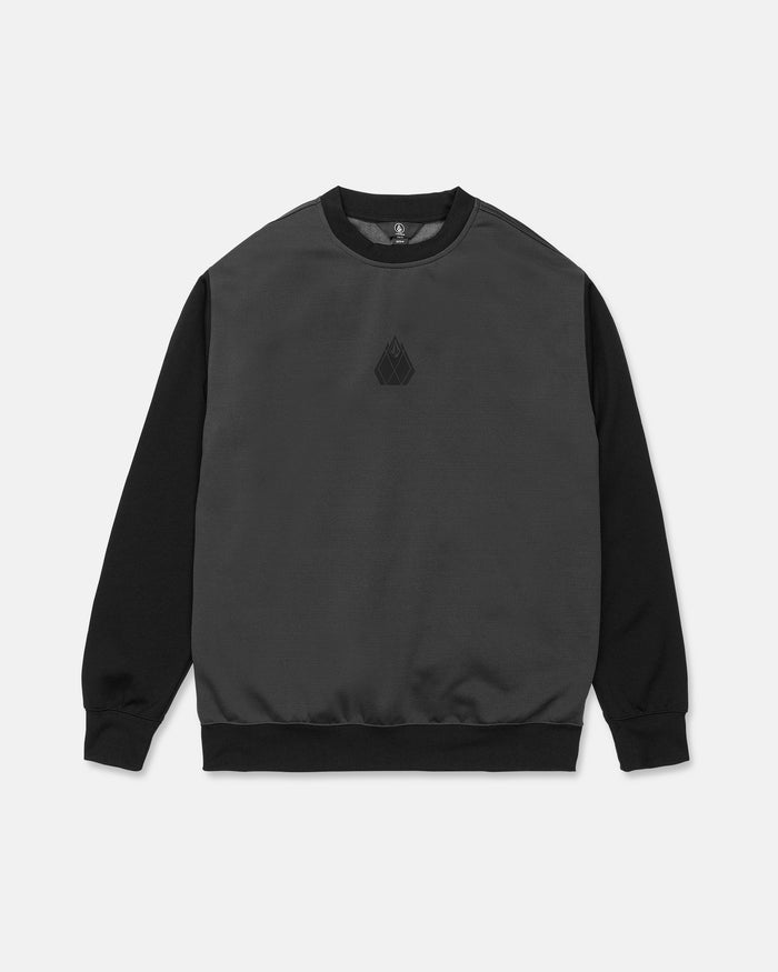 Here’s a rewritten version using the provided product data: The Volcom Men’s Hydro Crew is a long-sleeve crewneck sweatshirt featuring black sleeves and collar with a dark gray front and back. Made from hydrophobic fleece for superior moisture wicking, this sweatshirt displays a small black geometric emblem on the chest. It is shown laid flat on a white background.