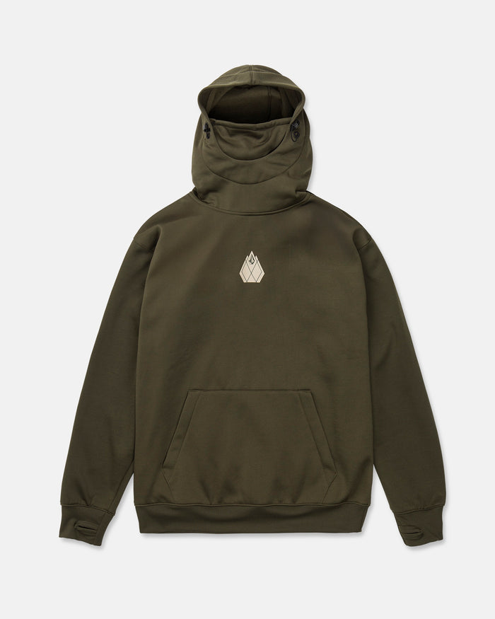 The Men’s Hydro Riding Hoodie by Volcom is shown laid flat on a white background. This olive green hoodie features a high neck with adjustable hood toggles, a central chest Volcom logo, and a front kangaroo pocket. It is crafted from hydrophobic fleece for added comfort and performance.
