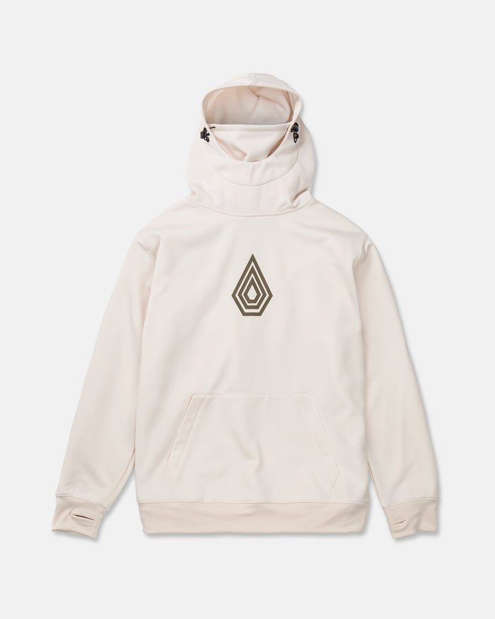 Introducing the Volcom Men’s Hydro Riding Hoodie in off-white, featuring a high collar, adjustable drawstrings, a spacious front pocket, and thumb holes on the sleeves. Centered on the chest is a striking black and white geometric emblem. Made from hydrophobic fleece, this hoodie combines water-resistance with style—perfect for your next adventure.
