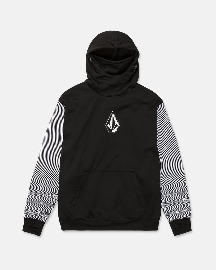 Stay dry and stylish in the Volcom Men’s Hydro Riding Hoodie. This black hoodie features a bold white geometric Volcom Stone logo on the chest, while the sleeves are adorned with black and white wavy, optical illusion-inspired patterns. Made from hydrophobic fleece for water resistance, it offers a front pocket and a high neck for extra comfort and style.