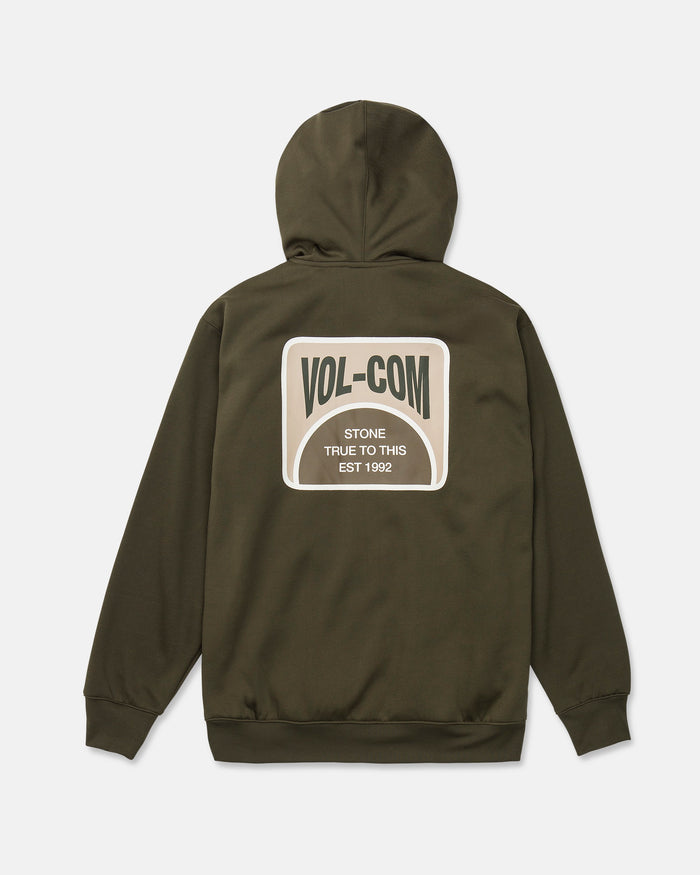 The Men’s Hydro Riding Hoodie by Volcom comes in olive green and is made from hydrophobic fleece. It features a large rectangular patch on the back with bold lettering that reads VOL-COM, STONE, TRUE TO THIS, and EST 1992.