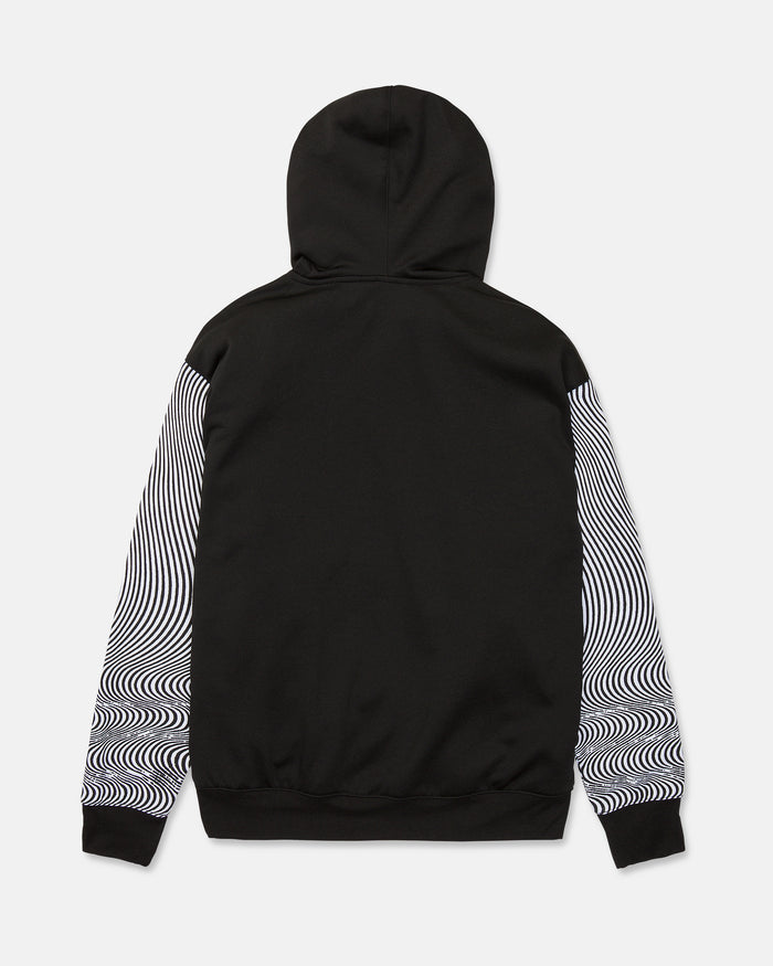 A men’s hydro riding hoodie by Volcom, crafted from hydrophobic fleece in black, features black-and-white wavy patterned sleeves and is displayed from the back against a white background for a blend of style and function.