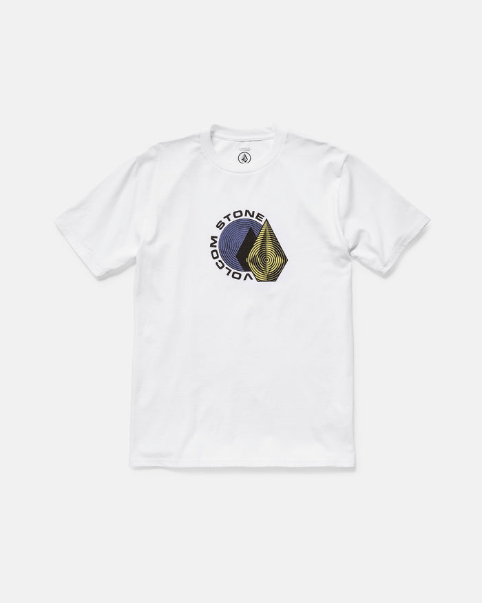 The Men’s Hypnotizer Short Sleeve Tee by Volcom features a black and yellow geometric VOLCOM STONE logo on the chest. Made from 100% cotton with a classic fit, this tee is shown against a plain white background.