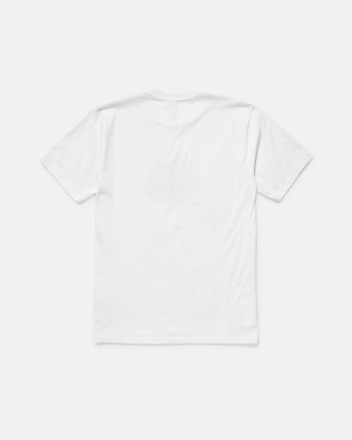 A plain white Volcom Men's Hypnotizer Short Sleeve Tee is laid flat, back side up on a light gray background. Crafted from 100% cotton, this classic fit shirt features no visible logos, patterns, or designs.