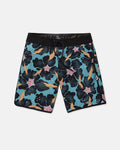 Volcom Men's Infuse Scallop Mod board shorts feature a vibrant blue, black, and pink starfish and seaweed pattern. Designed with a comfortable scallop construction and flexible 4-way stretch fabric, these shorts provide optimal movement for all your beach activities. The black waistband and drawstring are complemented by a small white geometric Volcom logo on the left leg.