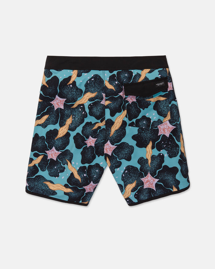 Introducing the Volcom Men's Infuse Scallop Mod swim trunks, featuring a vibrant pattern of black clouds, orange waves, and pink starfish set against a light blue background. Crafted with 4-way stretch fabric for ultimate comfort and flexibility, these trunks boast a modern scallop construction, a contrasting black waistband, and a convenient back pocket on the right side.