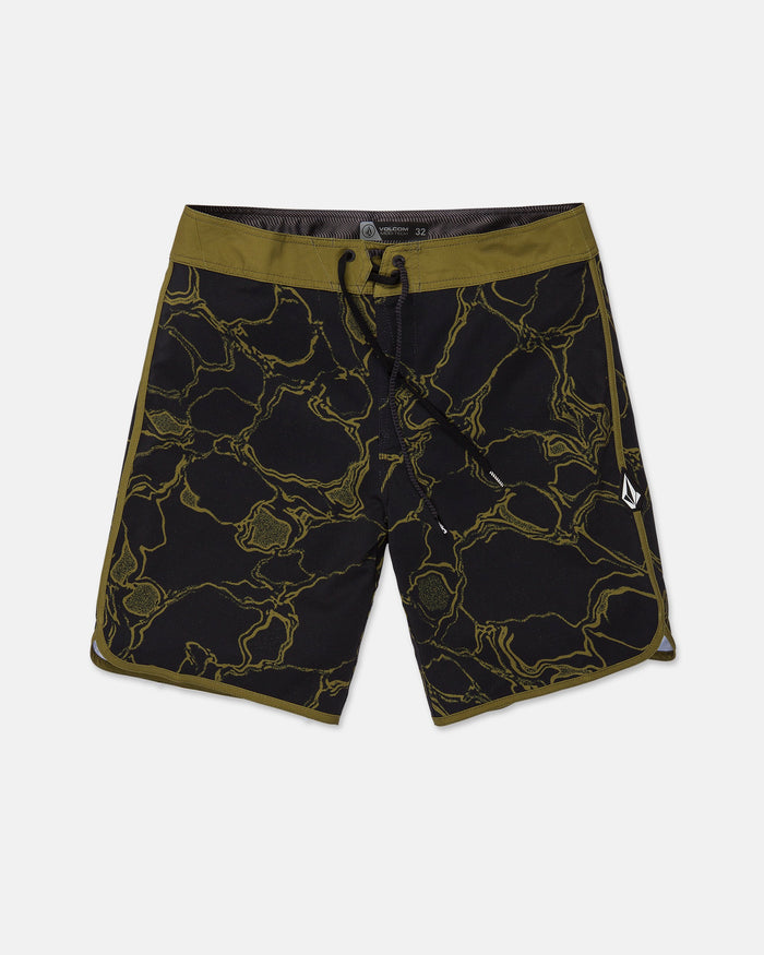 Volcom Men's Infuse Scallop Mod boardshorts in black, showcasing an olive green and yellow abstract pattern with an olive waistband and a black drawstring featuring a Cinch Fly closure. A small embroidered logo appears on the left leg. Designed with 4-way stretch fabric for superior comfort and flexibility, these shorts are displayed laid flat on a white background.