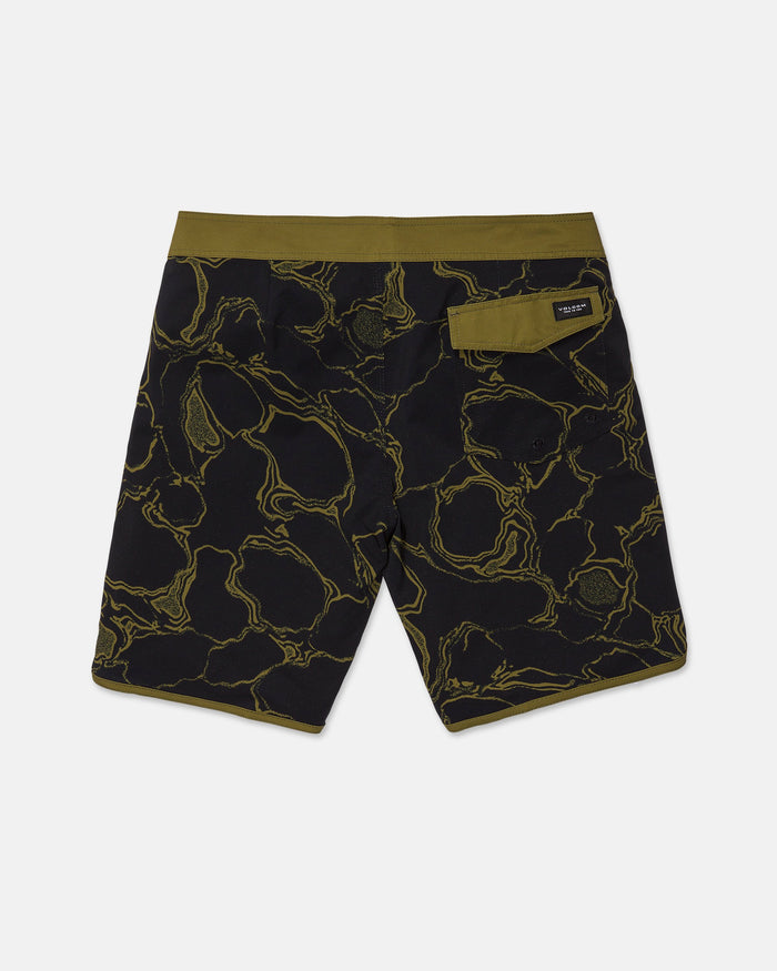 Back view of the Volcom Men's Infuse Scallop Mod boardshorts, showcasing an olive green waistband and trim paired with a dark, abstract olive marbled pattern. Designed with three back pockets—one accented by a small black label—these shorts are crafted from 4-way stretch fabric for superior comfort and mobility, and finished with a secure Cinch Fly closure.