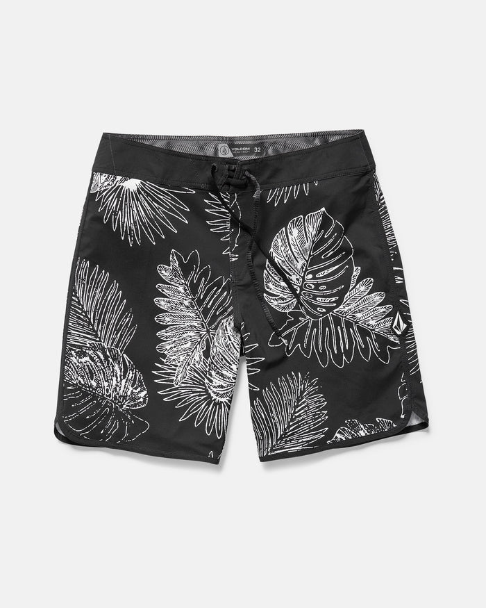 Volcom Men's Infuse Scallop Mod black 19" boardshorts, featuring a white tropical leaf pattern, black drawstring waist, and Cinch Fly Technology for a secure fit, shown on a plain white background.