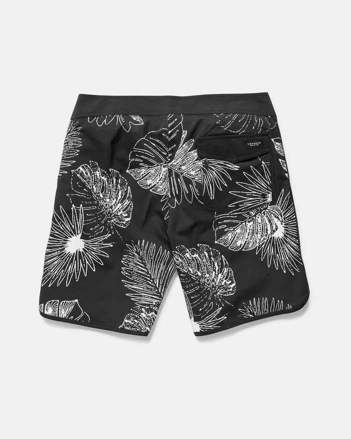 The Volcom Men's Infuse Scallop Mod boardshorts in black feature a white tropical leaf and flower print, single right back pocket, 19" scallop hem, and Cinch Fly Technology for added comfort.