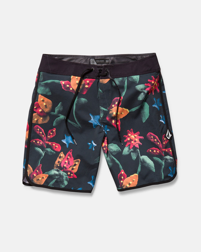 The Volcom Men's Infuse Scallop Mod boardshort features a black background with a vibrant floral pattern, black drawstring waistband, Cinch Fly Technology for comfort, and a logo patch on the left leg.