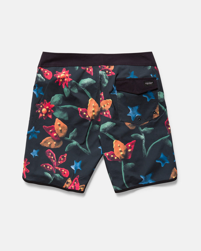 Back view of Volcom Men's Infuse Scallop Mod boardshorts with a floral and butterfly pattern on a dark background, Cinch Fly Technology, black waistband, and black back pocket with a small label.