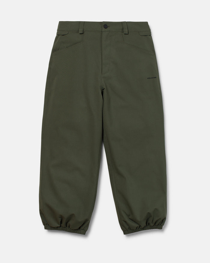 Volcom Men’s Lapper Pants in olive green, featuring button and zipper closure, side pockets, and elasticized cuffs at the ankles, are displayed laid flat on a white background. These baggy ski pants seamlessly blend style and functionality for versatile wear.