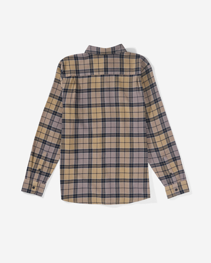 The Volcom Men's Caden Plaid Long Sleeve shirt displays a beige, black, and gray plaid pattern, shown from the back on a white background.