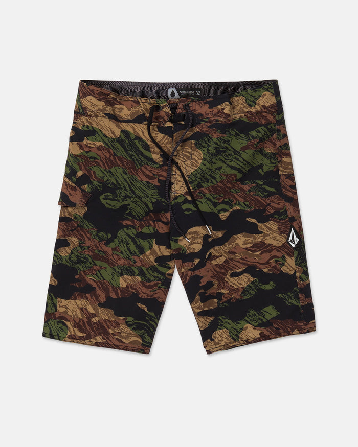 Men's Lido Solid Mod board shorts by Volcom feature a green, brown, and black camouflage pattern with a drawstring waist and a subtle white logo on the lower left leg. Crafted from recycled fibers with 4-way stretch for exceptional comfort and flexibility, these shorts are shown on a white background.
