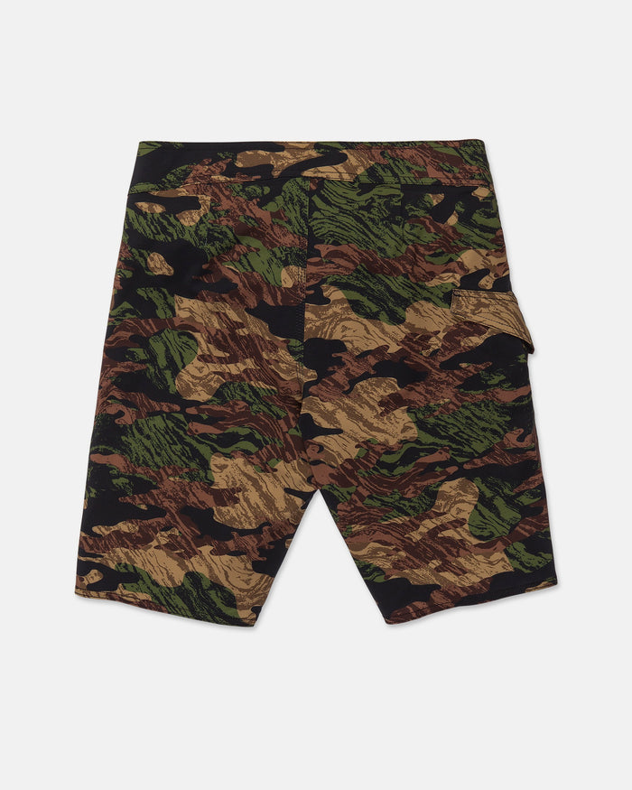 A pair of Volcom Men's Lido Solid Mod knee-length shorts, crafted from recycled fibers with a green, brown, and tan camouflage pattern and featuring 4-way stretch for enhanced mobility, displayed flat with the back side facing up.