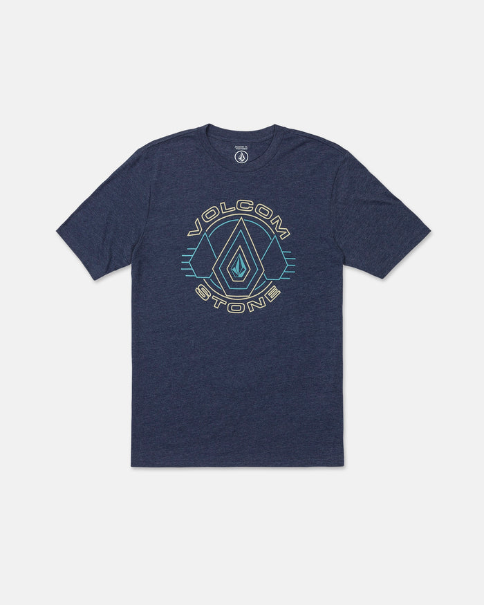 Introducing the Men's Line Feld Short Sleeve Tee by Volcom—a navy blue heather t-shirt featuring a vibrant geometric logo and "Volcom Stone" text on the front. Made from soft ring-spun cotton, this modern-fit tee offers short sleeves and a classic crew neckline for all-day comfort.