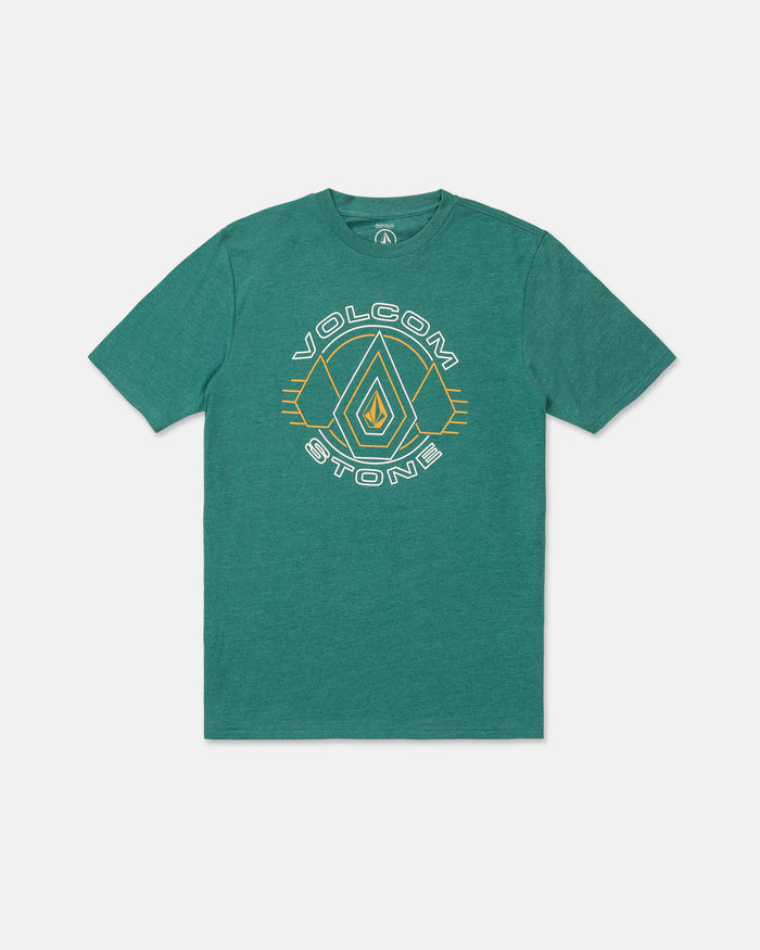 The Men’s Line Feld Short Sleeve Tee by Volcom in Miami Green showcases a modern fit and features a geometric Volcom Stone logo in white, yellow, and blue at the center front. Laid flat against a white background, this t-shirt highlights its soft-hand screen print for enhanced comfort.