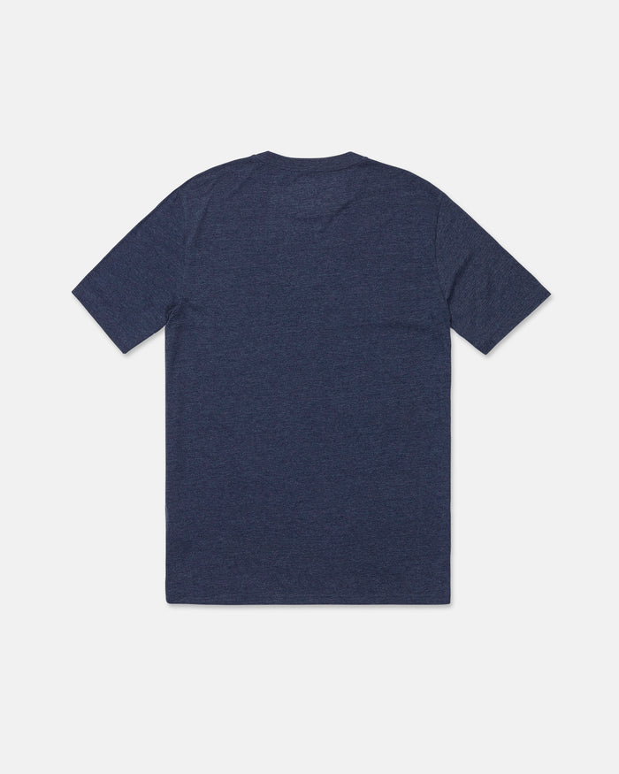 A Volcom Men's Line Feld Short Sleeve Tee in dark blue, featuring a modern fit and plain design, is laid flat on a white background with the back side visible.