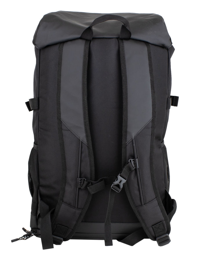 The Volcom Men's Litestone Gear Pack is a durable backpack shown from the back, featuring padded shoulder straps, a top handle, adjustable chest and waist straps, organized storage, and tough, weather-resistant fabric.