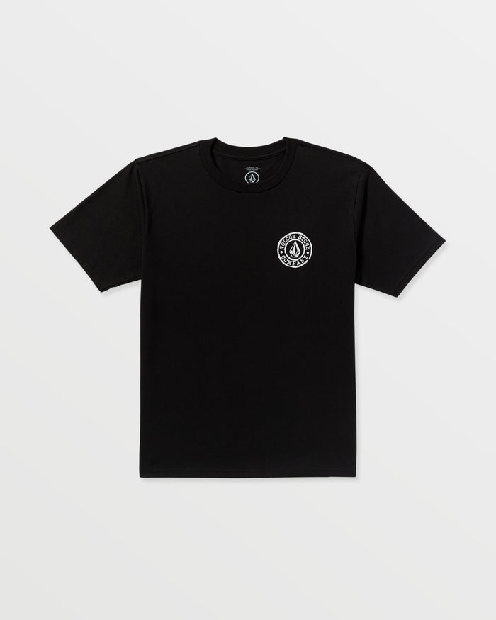 The Men’s Logo Stamp Short Sleeve Tee by Volcom features a black, classic fit design with a small white circular logo on the left chest. Crafted from premium ring spun cotton, this t-shirt is shown laid flat on a white background.