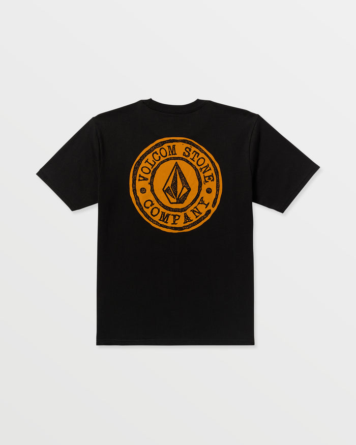 The Volcom Men’s Logo Stamp Short Sleeve Tee is a black heavyweight T-shirt crafted from premium ring spun cotton, showcasing a large circular orange and yellow Volcom Stone Company logo on the back with the iconic stone emblem at its center. Designed with a classic fit, it offers lasting comfort and timeless style.