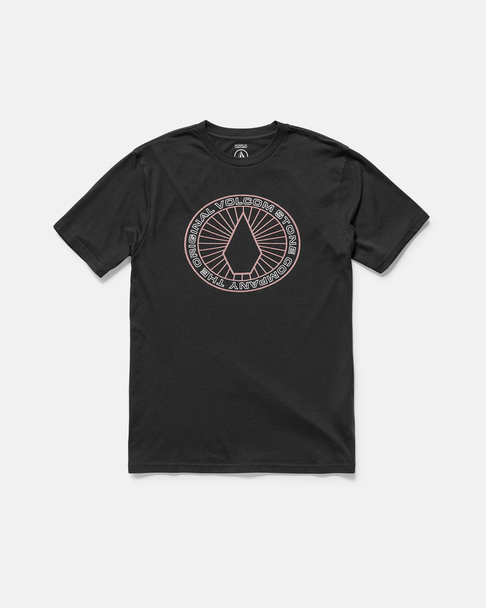 The Men's Medalist Short Sleeve Tee by Volcom is a black, modern fit shirt with a circular graphic featuring the Volcom stone logo and “The Original Volcom Stone Company” text in white and pink.