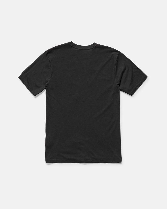 The Volcom Men's Medalist Short Sleeve Tee in black is displayed flat with the back side up on a white background, showcasing its modern fit.