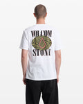 A person is seen from the back wearing Volcom’s Men's Mindsign Short Sleeve Tee, a slim fit, all-cotton shirt with "VOLCOM STONE" in large black letters and a colorful abstract logo, paired with black pants—great for everyday wear.