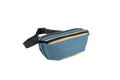 The Volcom Men's Mini Dos Pack Waist Bag, shown in blue and beige with a black adjustable strap and a zippered front pocket, is displayed on a white background.
