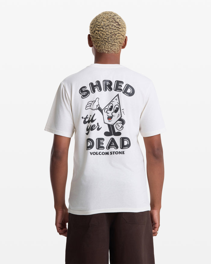 A man wearing the Volcom Men's Mister Stone Short Sleeve Tee in white.