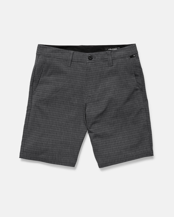 Men's Mix Frickin Cross Shred Shorts by Volcom in charcoal gray plaid, with fixed waist, 4-way stretch, belt loops, recycled buckle button, zipper closure, and side/back pockets—displayed flat on a white background.