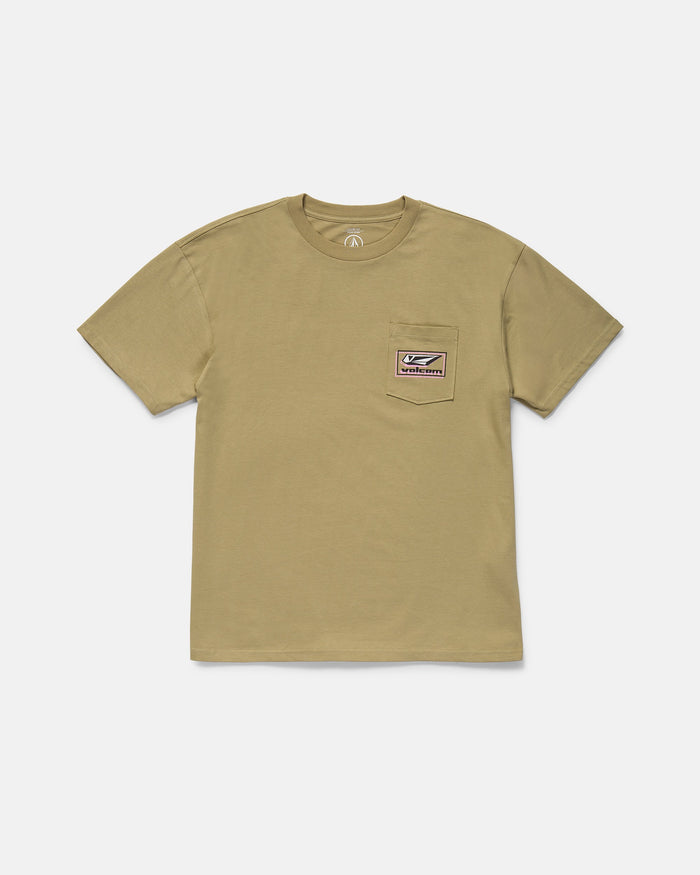 The Men's Mod Label Short Sleeve Tee by Volcom is a khaki heavyweight organic cotton t-shirt with a round neckline, left chest pocket, and a rectangular patch featuring a stylized wave and "Vissla" below it.