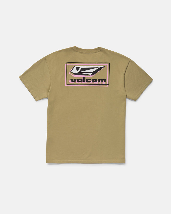 The Volcom Men's Mod Label Short Sleeve Tee is made from heavyweight organic cotton and features a large back graphic with bold black, white, and pink geometric Volcom logo and stylized text below the soft hand screen print.