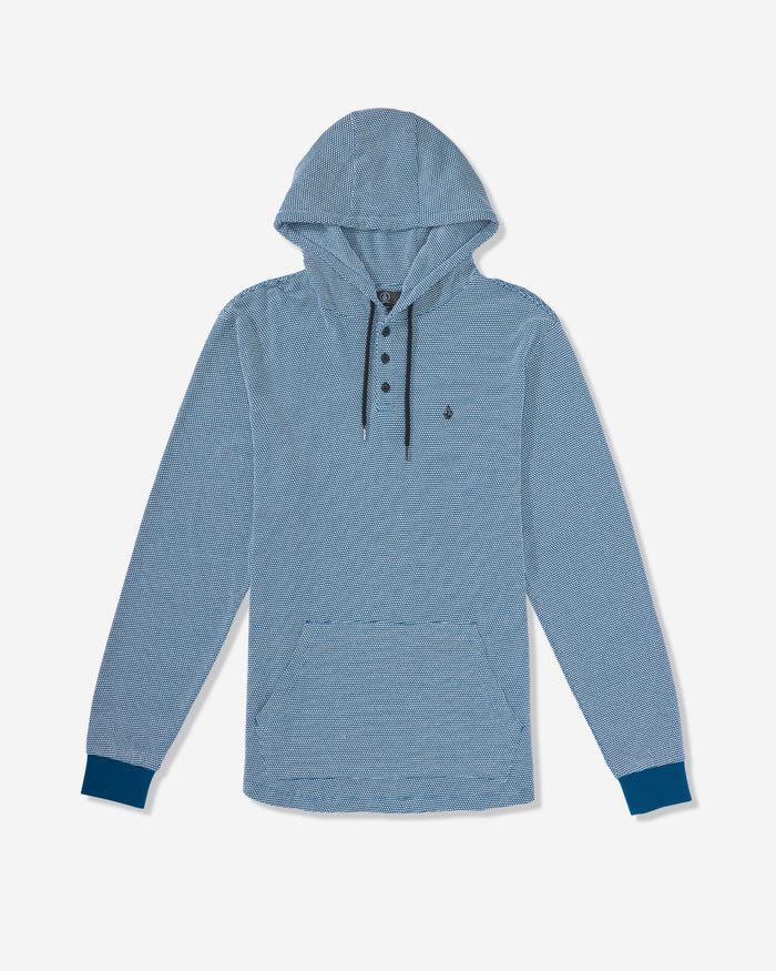The Men's Murph Thermal Long Sleeve by Volcom features a light blue waffle knit, Henley placket, front pouch pocket, navy cuffs, and a small embroidered logo on the chest. The hoodie is shown laid flat on a white background.