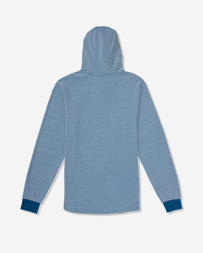 The Volcom Men's Murph Thermal Long Sleeve in light blue features a waffle knit texture, dark blue ribbed cuffs, a hood, and is shown from the back against a plain white background.