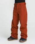Wearing Volcom Men’s Nailer Pants in rust, crafted from recycled fabric, and black snow boots, the individual stands against a plain white background with only their lower body visible.