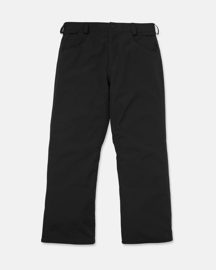 A pair of Volcom Men’s Nailer Pants in black, featuring straight-leg styling, belt loops, pockets, and a button closure, made from recycled materials and displayed flat on a white background.