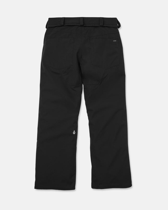 The Volcom Men’s Nailer Pants are shown from the back, highlighting two rear pockets, a waistband with belt loops, and a small white Volcom logo on the back of the left leg. Crafted from recycled materials, these waterproof pants are displayed against a plain white background.