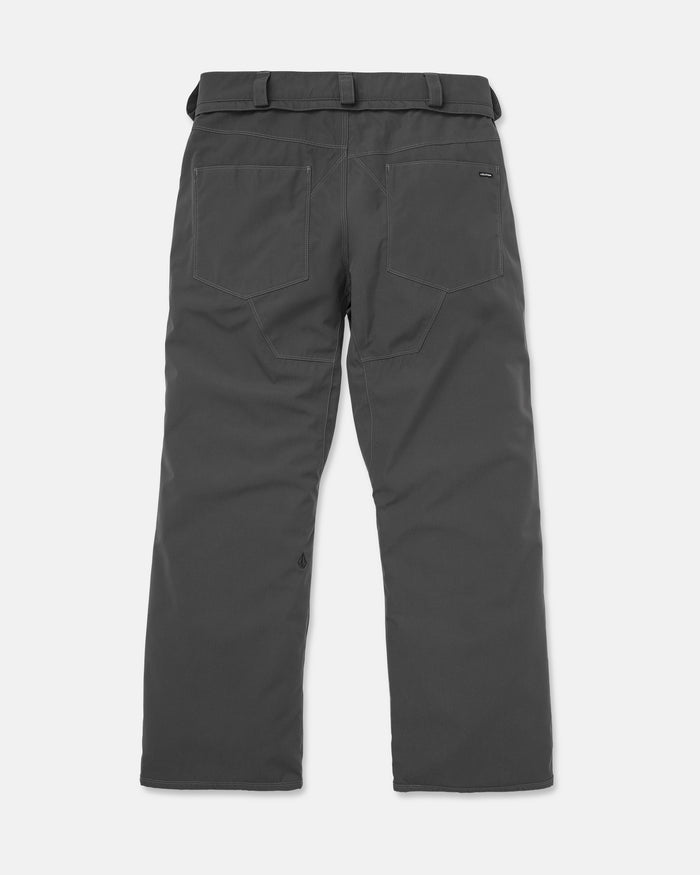 The Volcom Men’s Nailer Pants in dark gray are displayed from the back, showcasing two spacious rear pockets, belt loops, and a straight-leg design. Made from recycled fabric, these pants are laid flat against a white background.