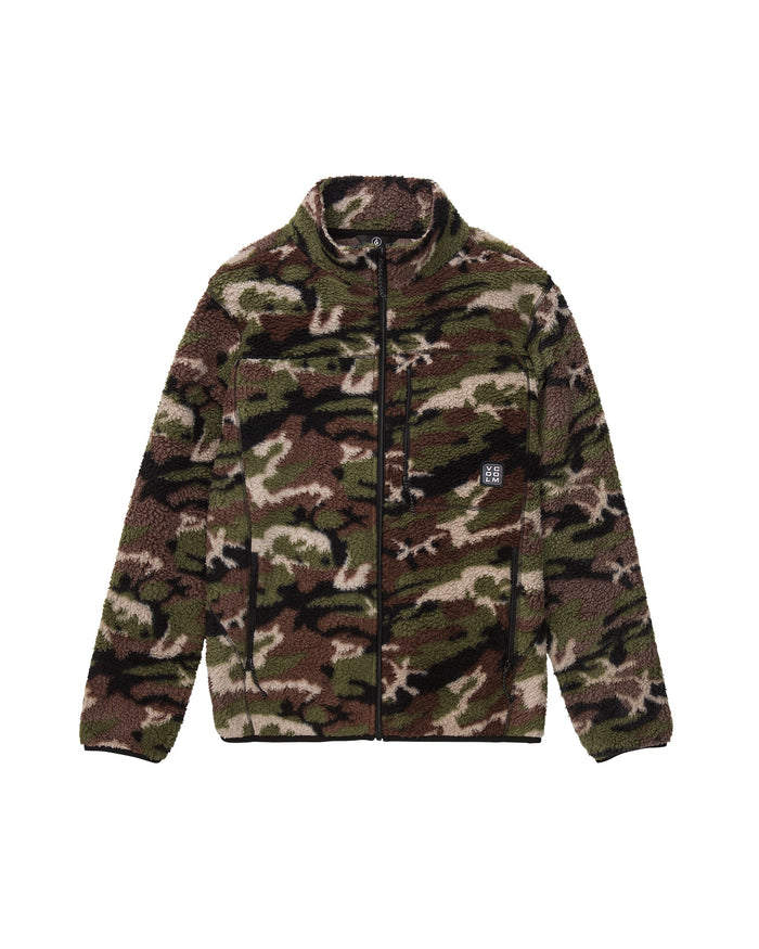 The Volcom Men’s Nelson Sherpa Full Zip is a fuzzy sherpa jacket with a green, brown, and beige camouflage pattern, a chest pocket, and a small square logo on the front.