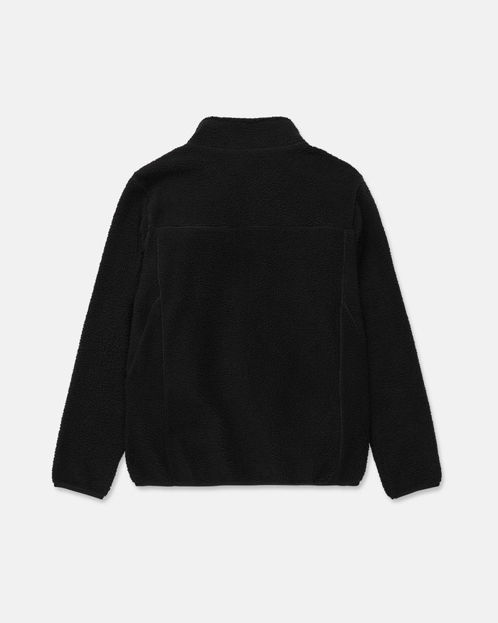 Back view of the Volcom Men’s Nelson Sherpa Full Zip jacket in black, featuring long sleeves and a high collar, shown against a white background. The design is simple and clean, with no visible zippers, logos, or patterns.