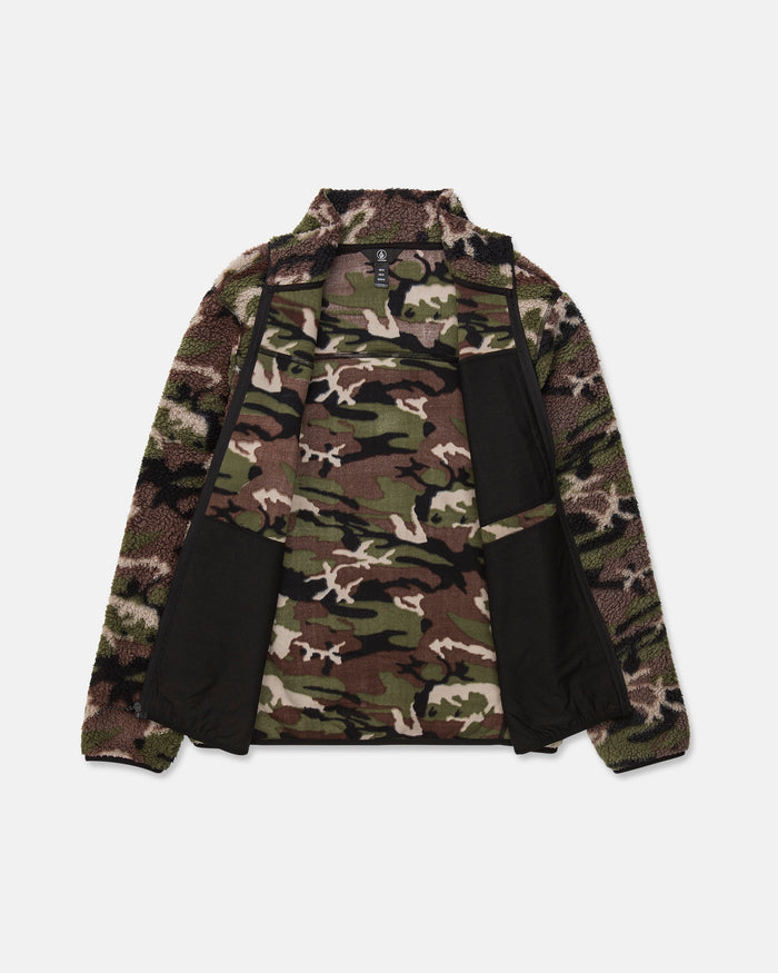 The Volcom Men’s Nelson Sherpa Full Zip is a green, brown, and black camouflage fleece jacket, displayed open to reveal matching camo lining and interior black accent panels.