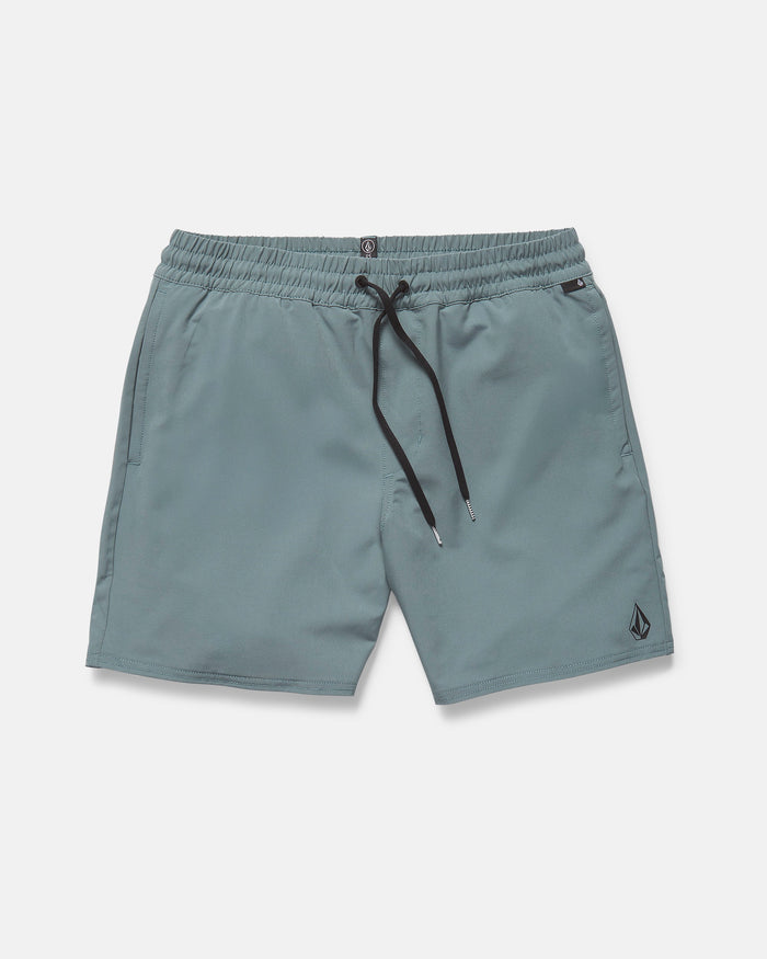 Volcom Men's Nomoly Elastic Waist Shorts 18" in light blue-green, made from recycled polyester with 4-way stretch, feature a black drawstring, side pockets, and a small embroidered logo near the left hem; shown on a white background.