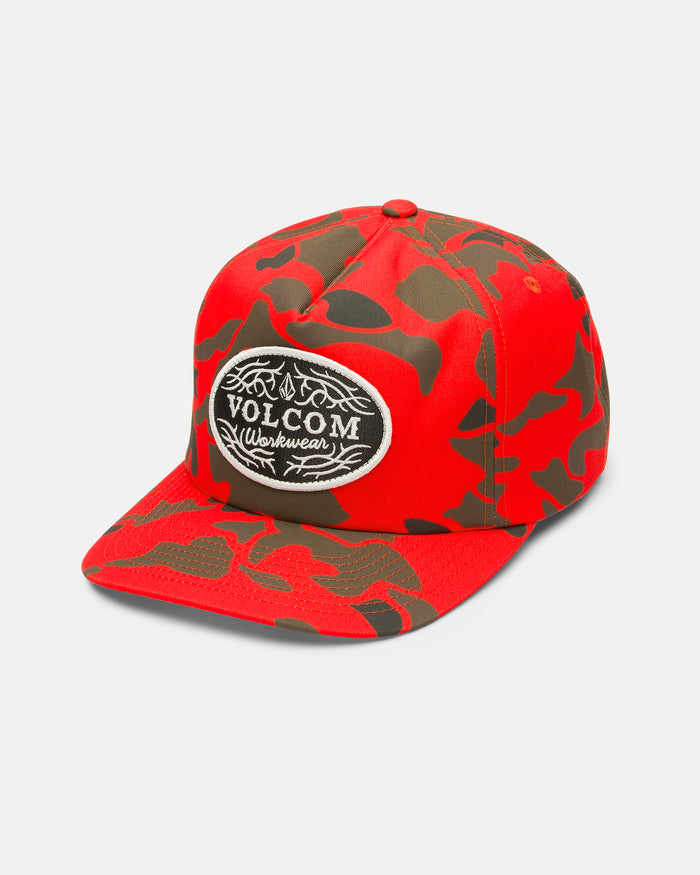 Men's On The Hunt Workwear Hat by Volcom, featuring a red and green camouflage print, a flat brim, and a black and white Volcom Stone patch on the front for that classic snapback fit inspired by Volcom workwear. Displayed against a plain white background.